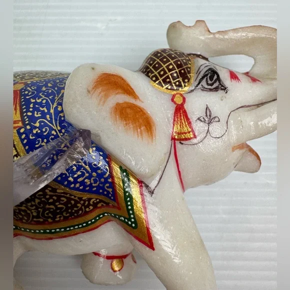 VTG White Marble Trunk Up Stone Hand Painted Elephant StatueHome Decor Gift